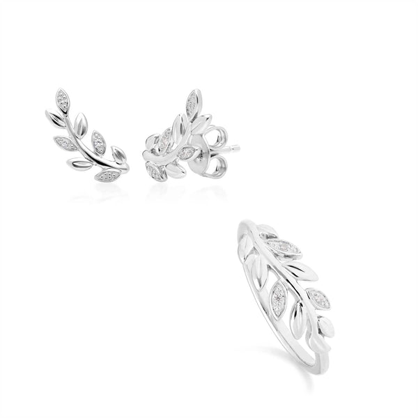 gemondo O Leaf Diamond Stud Earring & Ring Set in 9ct White Gold