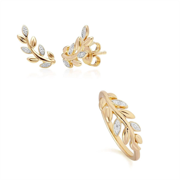 gemondo O Leaf Diamond Stud Earring & Ring Set in 9ct Yellow Gold
