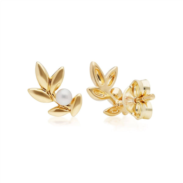 Gemondo O Leaf Pearl Stud Earrings In Gold Plated Sterling Silver