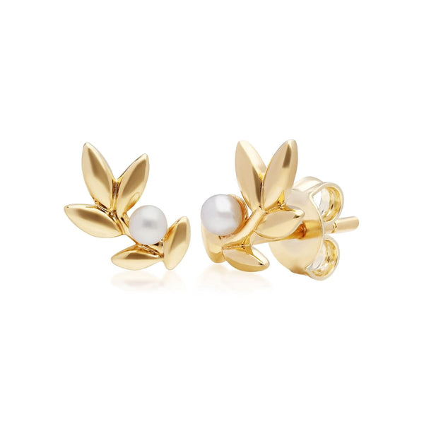 gemondo O Leaf Pearl Stud Earrings in Gold Plated Sterling Silver