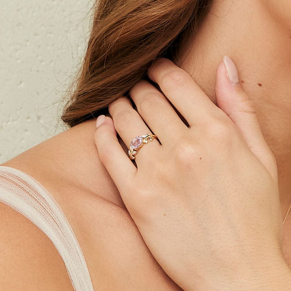 Gemondo O Leaf Pink Amethyst & Diamond Ring In 9ct Yellow Gold