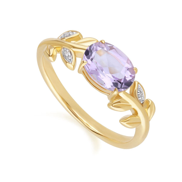 Gemondo O Leaf Pink Amethyst & Diamond Ring In 9ct Yellow Gold