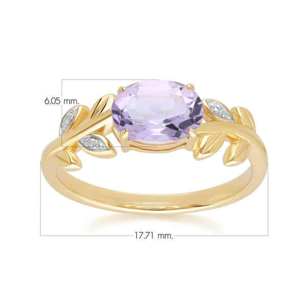 Gemondo O Leaf Pink Amethyst & Diamond Ring In 9ct Yellow Gold