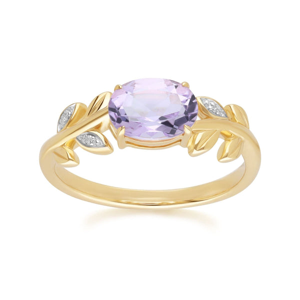gemondo O leaf Pink Amethyst & Diamond Ring In 9ct Yellow Gold
