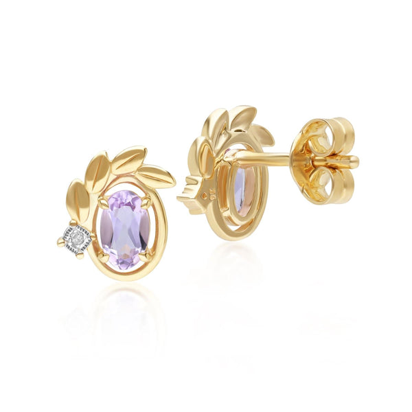 Gemondo O Leaf Pink Amethyst & Diamond Stud Earrings In 9ct Yellow Gold