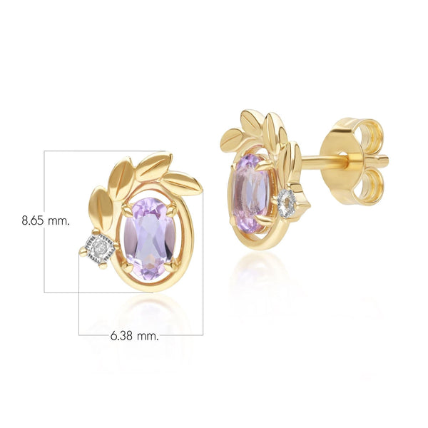 Gemondo O Leaf Pink Amethyst & Diamond Stud Earrings In 9ct Yellow Gold