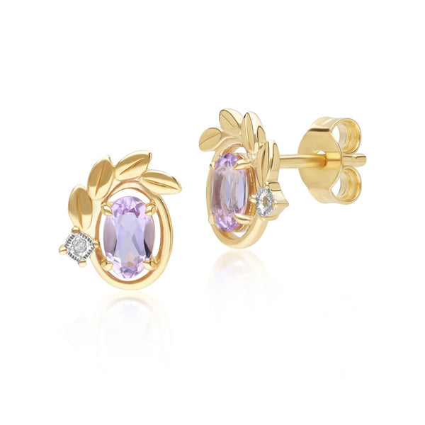 gemondo O leaf Pink Amethyst & Diamond Stud Earrings In 9ct Yellow Gold