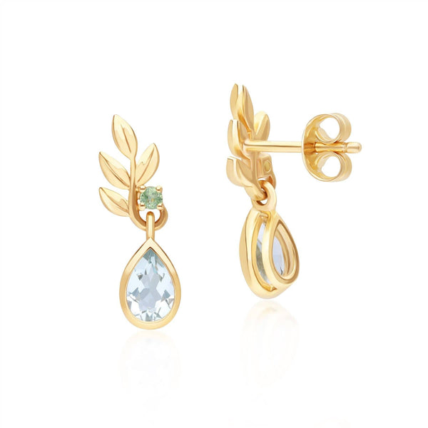 Gemondo O Leaf Sky Blue Topaz & Tsavorite Drop Earrings In 9ct Yellow Gold