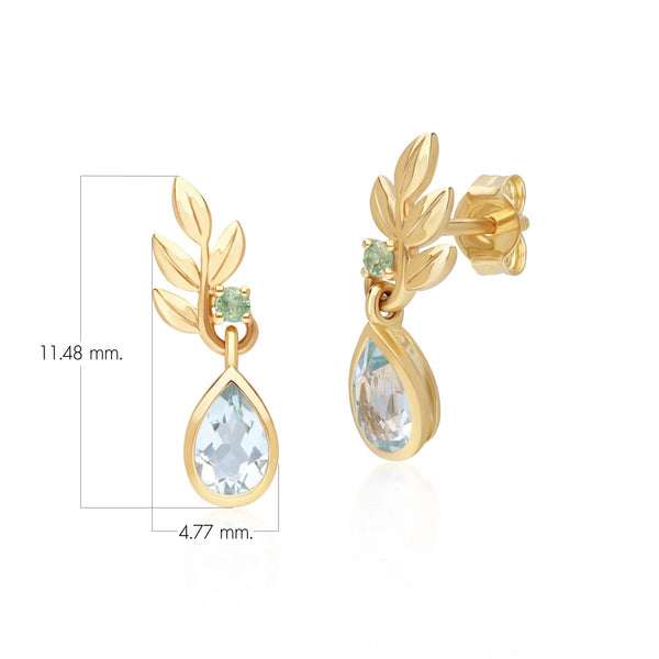 Gemondo O Leaf Sky Blue Topaz & Tsavorite Drop Earrings In 9ct Yellow Gold