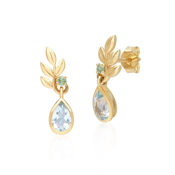 gemondo O Leaf Sky Blue topaz & Tsavorite Drop Earrings In 9ct Yellow Gold