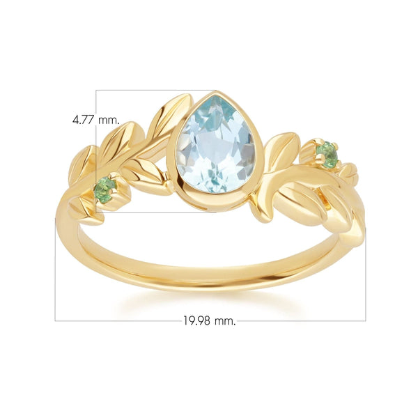 Gemondo O Leaf Sky Blue Topaz & Tsavorite Ring In 9ct Yellow Gold