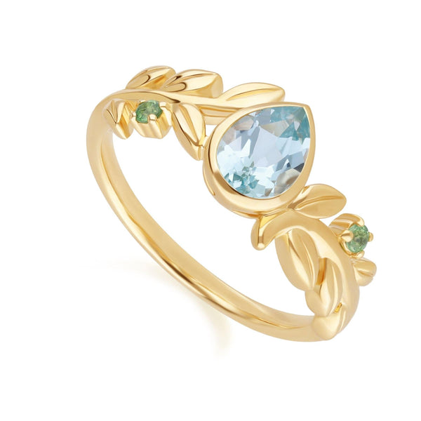 Gemondo O Leaf Sky Blue Topaz & Tsavorite Ring In 9ct Yellow Gold