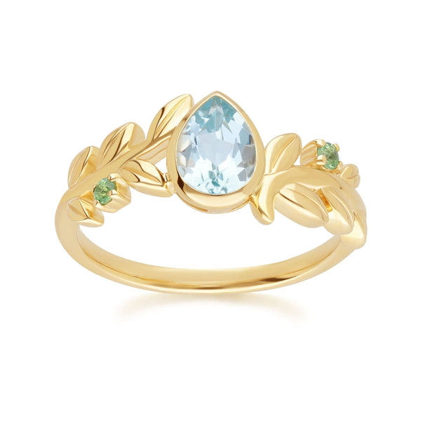 gemondo O Leaf Sky Blue topaz & Tsavorite Ring In 9ct Yellow Gold