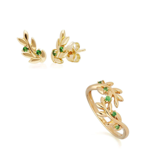gemondo O Leaf Tsavorite Stud Earring & Ring Set in Gold Plated 925 Sterling Silver