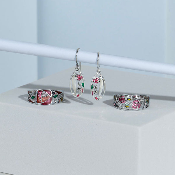 Gemondo Rennie Mackintosh Round Marcasite & Enamel Drop Earrings In 925 Sterling Silver