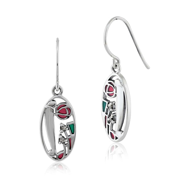 gemondo Rennie Mackintosh Round Marcasite & Enamel Drop Earrings in 925 Sterling Silver