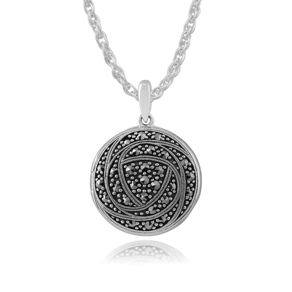 gemondo Rennie Mackintosh Round Marcasite Rose Locket Pendant in 925 Sterling Silver