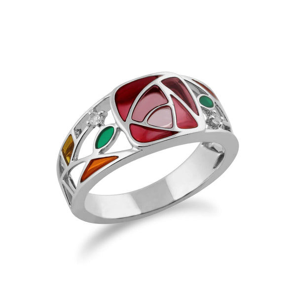 Gemondo Rennie Mackintosh Round White Topaz & Enamel Glasgow Rose Band Ring In 925 Sterling Silver