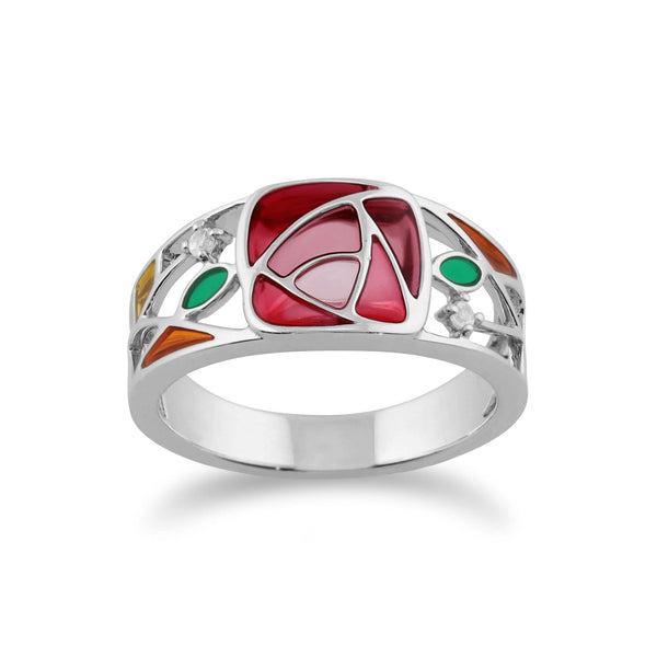 gemondo Rennie Mackintosh Round White Topaz & Enamel Glasgow Rose Band Ring in 925 Sterling Silver