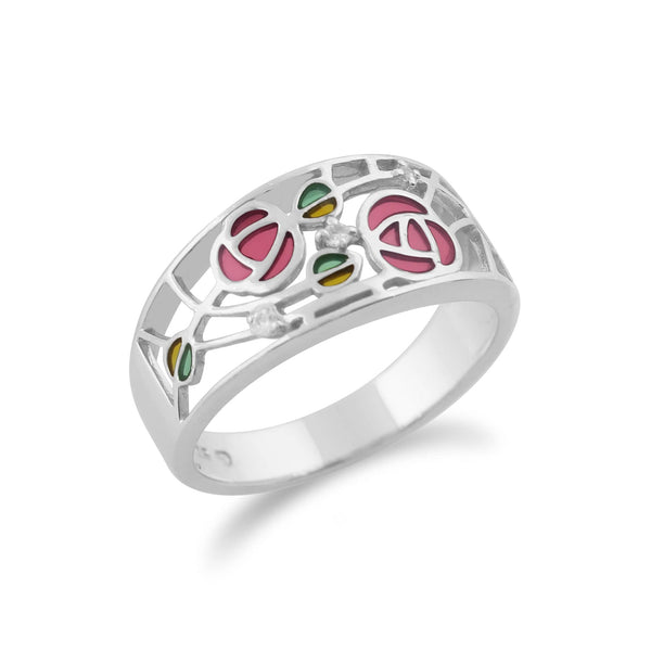Gemondo Rennie Mackintosh Round White Topaz Glasgow Rose Band Ring In 925 Sterling Silver