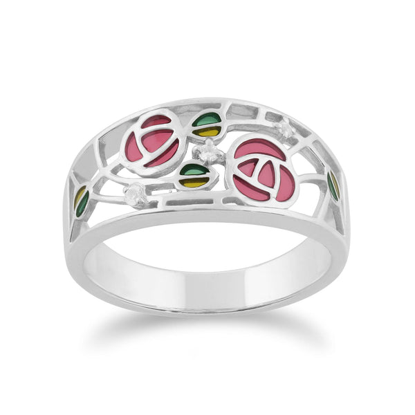 gemondo Rennie Mackintosh Round White Topaz Glasgow Rose Band Ring in 925 Sterling Silver