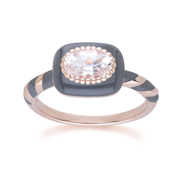 Gemondo Siberian Waltz Black Enamel & Oval Topaz Ring In Rose Gold Plated Sterling Silver
