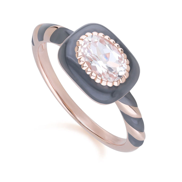 gemondo Siberian Waltz Black Enamel & Oval Topaz Ring in Rose Gold Plated Sterling Silver