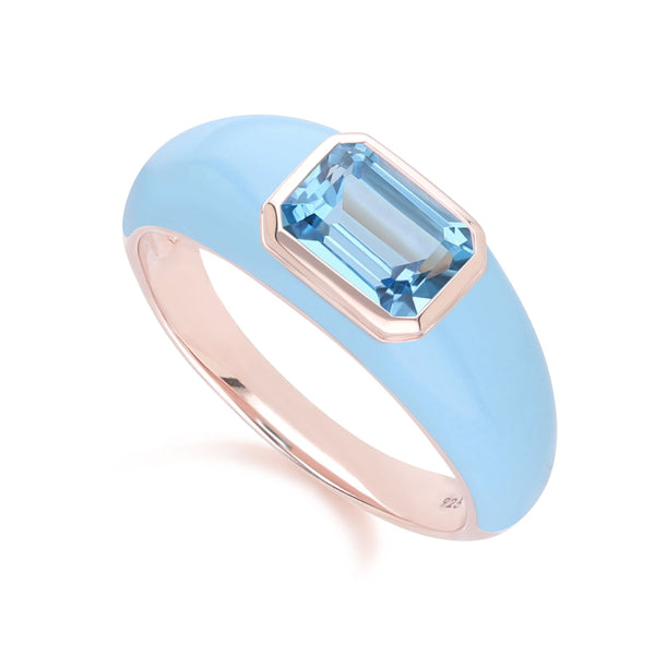 Gemondo Siberian Waltz Blue Enamel & Octagon Sky Blue Topaz Ring In Rose Gold Vermeil
