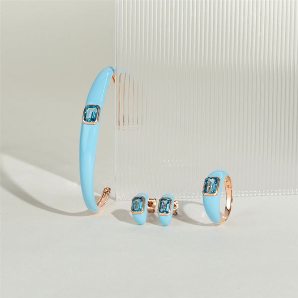 Gemondo Siberian Waltz Blue Enamel & Octagon Sky Blue Topaz Bangle In Rose Gold Vermeil