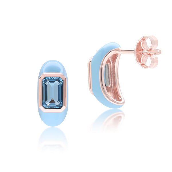 Gemondo Siberian Waltz Blue Enamel & Octagon Sky Blue Topaz Half Hoop Earrings In Rose Gold Vermeil
