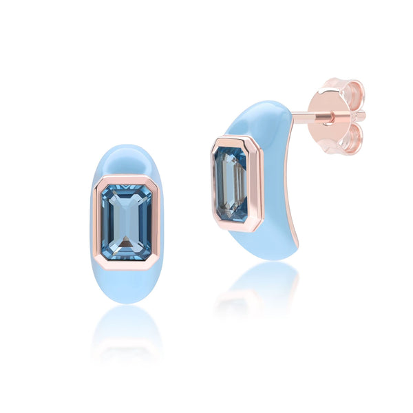 gemondo Siberian Waltz Blue Enamel & Octagon Sky Blue Topaz Half Hoop Earrings In Rose Gold Vermeil