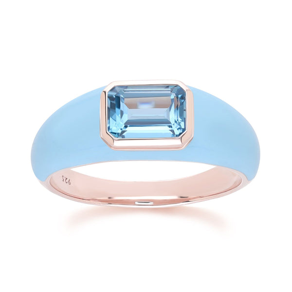gemondo Siberian Waltz Blue Enamel & Octagon Sky Blue Topaz Ring In Rose Gold Vermeil