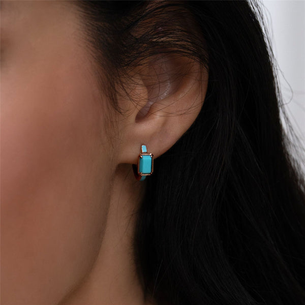Gemondo Siberian Waltz Blue Enamel & Octagon Turquoise Hoop Earrings In Rose Gold Vermeil