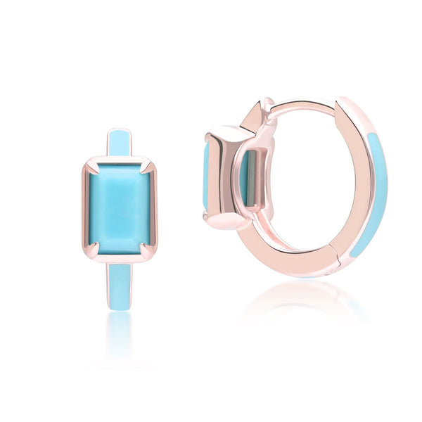 Gemondo Siberian Waltz Blue Enamel & Octagon Turquoise Hoop Earrings In Rose Gold Vermeil