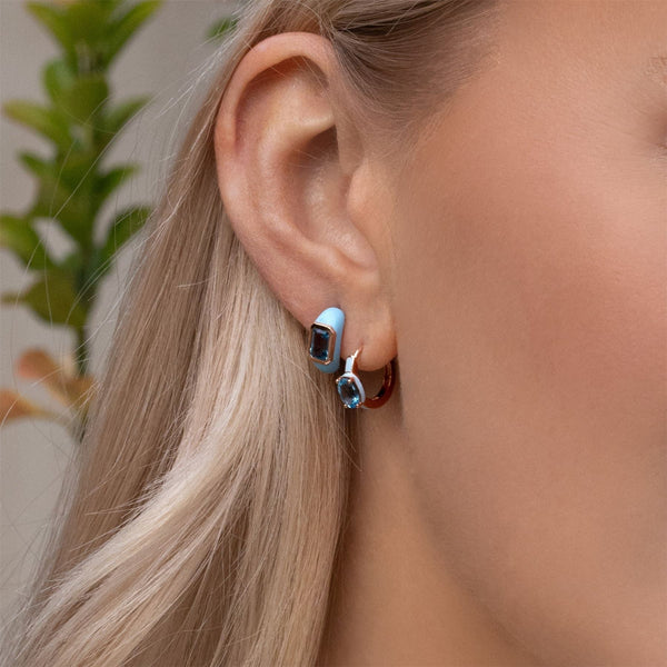 Gemondo Siberian Waltz Blue Enamel & Oval Sky Blue Topaz Hoop Earrings In Rose Gold Vermeil