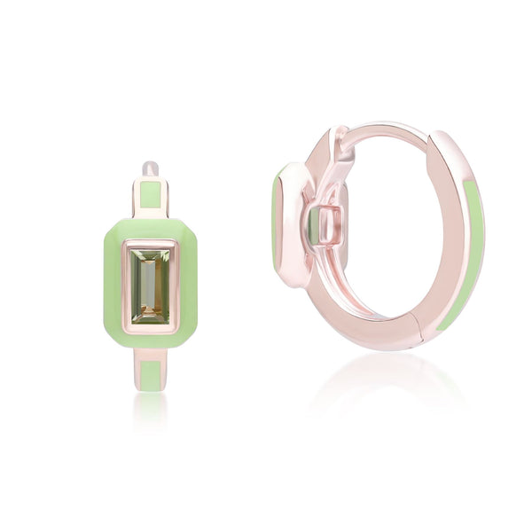 Gemondo Siberian Waltz Green Enamel & Baguette Peridot Hoop Earrings In Rose Gold Plated Sterling Silver