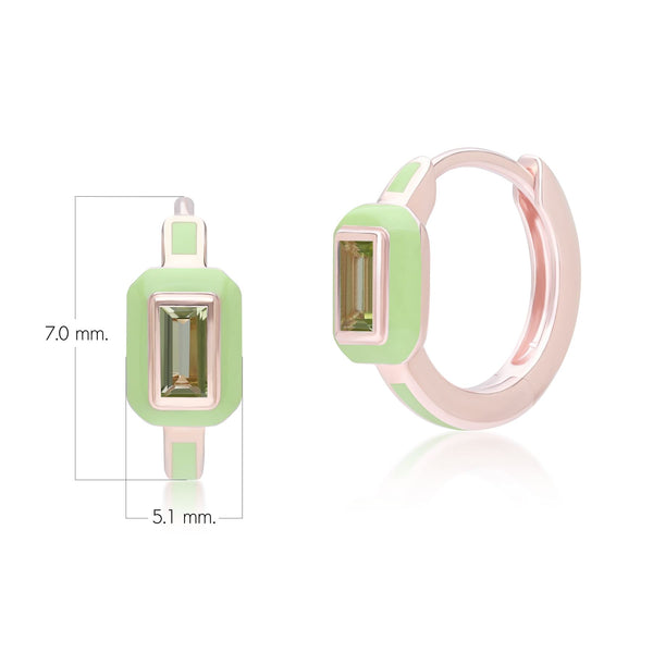 Gemondo Siberian Waltz Green Enamel & Baguette Peridot Hoop Earrings In Rose Gold Plated Sterling Silver