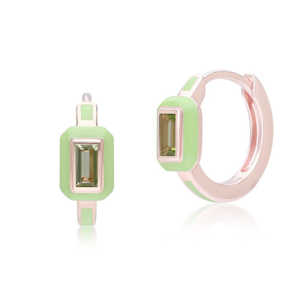 gemondo Siberian Waltz Green Enamel & Baguette Peridot Hoop Earrings in Rose Gold Plated Sterling Silver