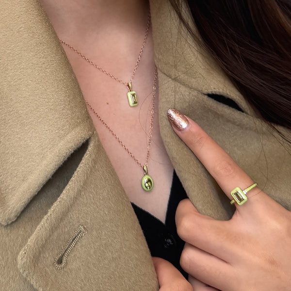 Gemondo Siberian Waltz Green Enamel & Baguette Peridot Pendant Necklace In Rose Gold Plated Sterling Silver