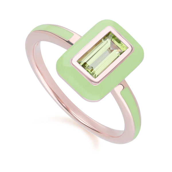 Gemondo Siberian Waltz Green Enamel & Baguette Peridot Ring In Rose Gold Plated Sterling Silver