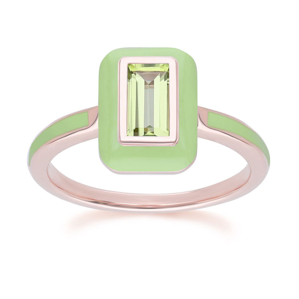 gemondo Siberian Waltz Green Enamel & Baguette Peridot Ring in Rose Gold Plated Sterling Silver