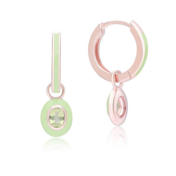 Gemondo Siberian Waltz Green Enamel & Oval Peridot Hoop Earrings In Rose Gold Plated Sterling Silver