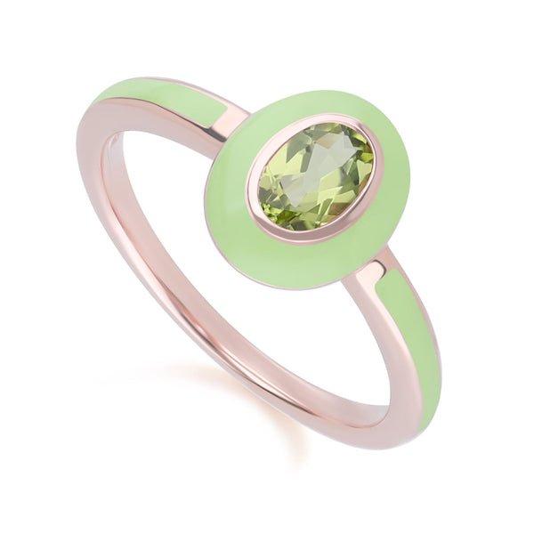 Gemondo Siberian Waltz Green Enamel & Oval Peridot Ring In Rose Gold Plated Sterling Silver