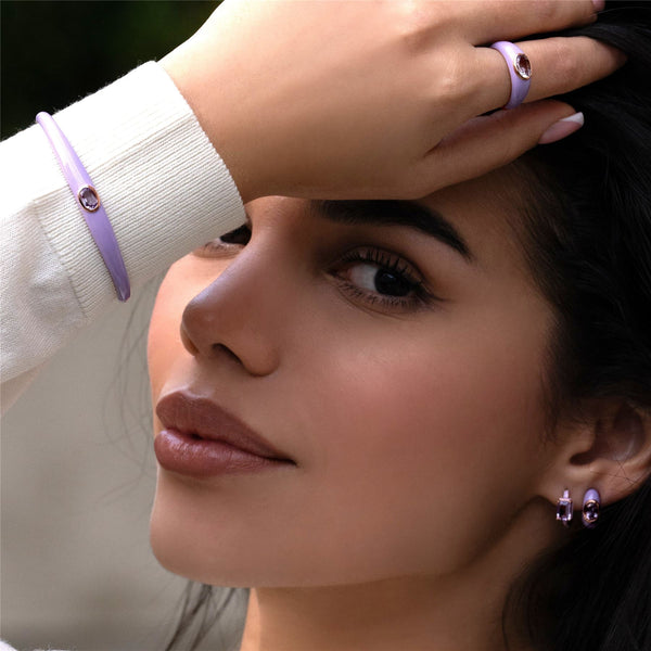 Gemondo Siberian Waltz Violet Enamel & Octagon Amethyst Half Hoop Earrings In Rose Gold Vermeil