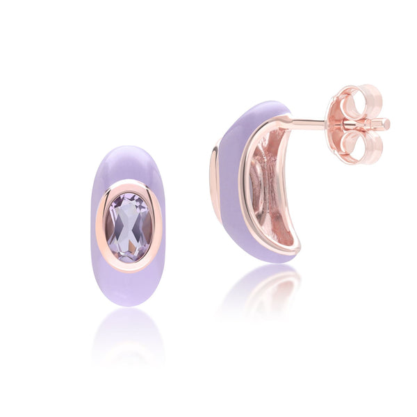 Gemondo Siberian Waltz Violet Enamel & Octagon Amethyst Half Hoop Earrings In Rose Gold Vermeil