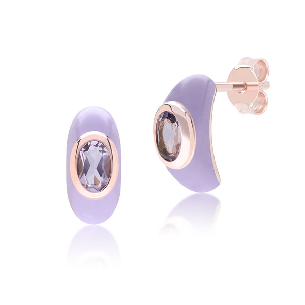 gemondo Siberian Waltz Violet Enamel & Octagon Amethyst Half Hoop Earrings In Rose Gold Vermeil