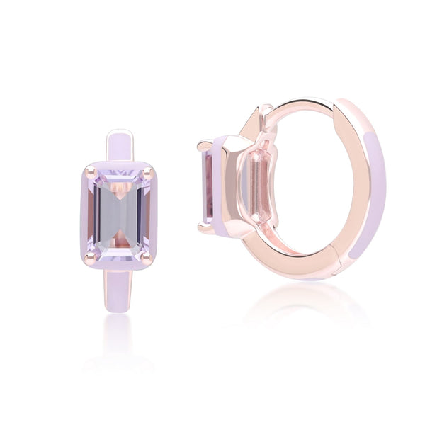 Gemondo Siberian Waltz Violet Enamel & Octagon Amethyst Hoop Earrings In Rose Gold Vermeil