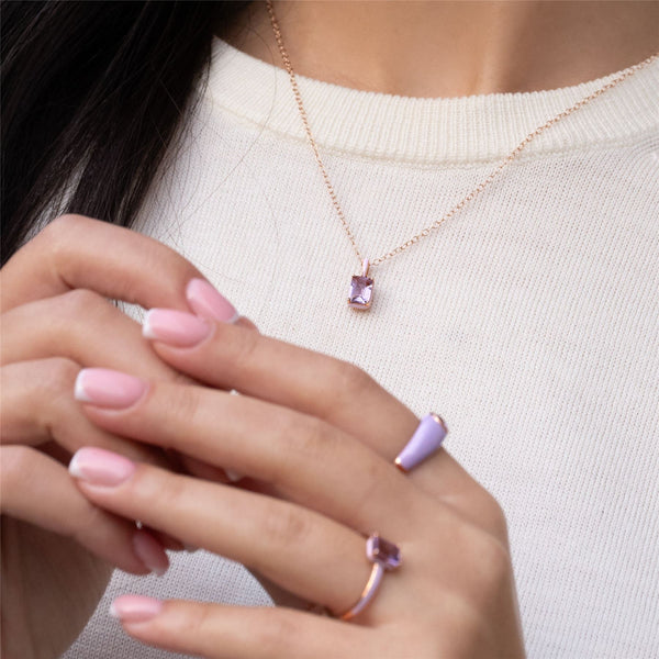 Gemondo Siberian Waltz Violet Enamel & Octagon Amethyst Pendant Necklace In Rose Gold Vermeil