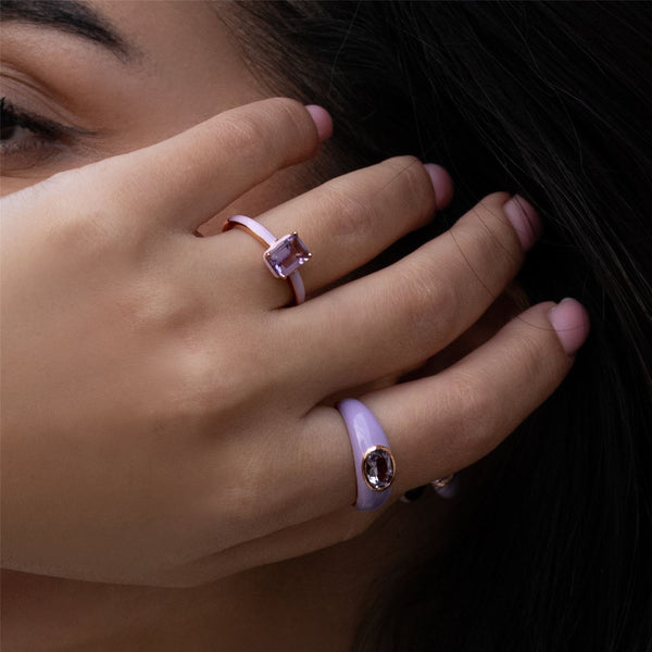 Gemondo Siberian Waltz Violet Enamel & Octagon Pink Amethyst Ring In Rose Gold Vermeil