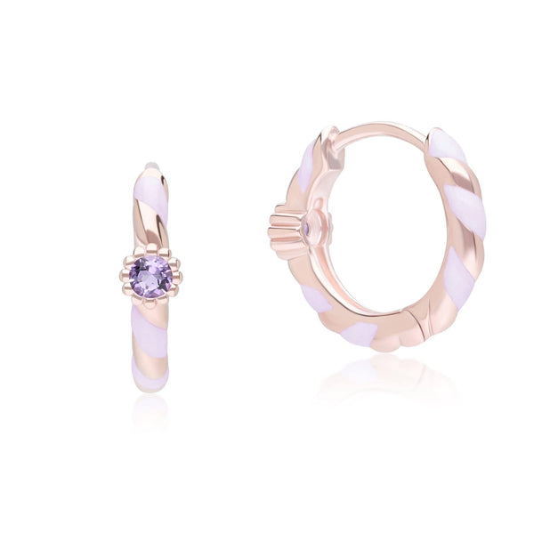 Gemondo Siberian Waltz Violet Enamel & Round Pink Amethyst Hoop Earrings In Rose Gold Vermeil